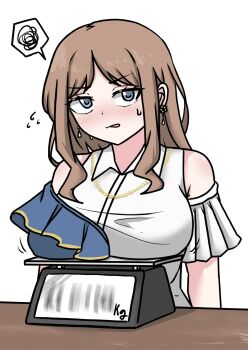 Rule 34 | 1girl, angry, bang dream!, bang dream! it's mygo!!!!!, bare shoulders, blue dress, blue eyes, blush, breasts, brown hair, commentary request, dress, earrings, frilled sleeves, frills, gold necklace, highres, huge breasts, jewelry, long hair, looking at viewer, nagasaki soyo, necklace, shirt, ssami, sweatdrop, weighing scale, white background, white shirt
