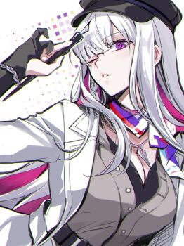 1girl beret black_gloves breasts cleavage coat colored_inner_hair commentary_request cup gloves grey_sweater hat highres holding holding_cup holding_pen honkai:_star_rail honkai_(series) large_breasts looking_at_viewer multicolored_hair nib_pen_(object) nihilux_(honkai:_star_rail) one_eye_closed parted_lips partially_fingerless_gloves pen pink_hair purple_eyes ronigs simple_background solo sweater two-tone_hair white_background white_coat white_hair