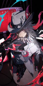 Rule 34 | 1boy, absurdres, ashveil (honkai: star rail), black hair, black pants, black shirt, black shoes, chinese commentary, claw ring, commentary request, crescent, crescent pin, fedora, gloves, glowing, glowing eye, gradient hair, hat, hat ornament, highres, honkai: star rail, honkai (series), jacket, jewelry, lapel pin, long hair, male focus, multicolored hair, necklace, pants, purple eyes, shirt, shoes, single glove, solo, tooth necklace, turtleneck, white gloves, white hair, white hat, white jacket, yzleafoff