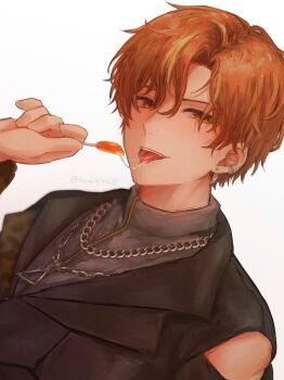 1boy blonde_hair bloom_festival_(project_sekai) candy chain chain_necklace commentary dutch_angle earrings food hand_up highres holding holding_candy holding_food holding_lollipop jewelry lollipop looking_at_viewer male_focus multicolored_hair necklace official_alternate_costume official_alternate_hairstyle orange_eyes orange_hair parted_hair project_sekai saliva shinonome_akito short_hair simple_background solo streaked_hair sumihito_(sumihito_o) symbol-only_commentary teeth tongue tongue_out twitter_username two-tone_hair upper_body upper_teeth_only