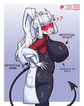 1girl ? ?? alternate_breast_size_(larger) arrow_(symbol) black_vest blush border breasts coat_partially_removed commentary cowboy_shot demon_girl demon_horns demon_tail english_commentary evil_container_(meme) goggles grin hand_on_own_hip helltaker highres horns huge_breasts lab_coat long_hair looking_at_viewer loremaster_(helltaker) meme outside_border pale_skin ponytail red-tinted_eyewear red_eyes red_goggles red_shirt shirt smile solo tail tehhank tinted_eyewear vest white_border white_hair