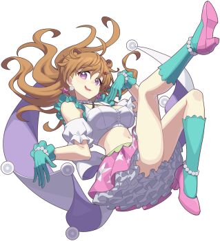 1girl :d aqua_gloves aqua_socks bandeau bare_shoulders breasts brown_hair commentary_request daydream_mermaid detached_sleeves earrings floating_hair frilled_gloves frilled_sleeves frills gloves hair_ornament hairclip high_heels jewelry konoe_kanata large_breasts legs_up long_hair looking_at_viewer love_live! love_live!_nijigasaki_high_school_idol_club love_live!_nijigasaki_high_school_idol_club_the_movie_-_finale miniskirt navel official_alternate_costume open_mouth outline petticoat pink_shoes pink_skirt print_skirt purple_eyes shoe_soles shoes simple_background skirt smile socks solo star_(symbol) star_earrings star_print stomach transparent_background waste-man wavy_hair white_bandeau white_outline white_sleeves