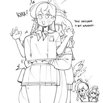 2girls ahoge blue_archive blush english_text greyscale halo hanako_(blue_archive) hands_on_another's_stomach hat head_wings kinzaibatsu91 koharu_(blue_archive) long_hair long_sleeves monochrome multiple_girls open_mouth shirt short_sleeves simple_background skirt surprised very_long_hair white_background wings