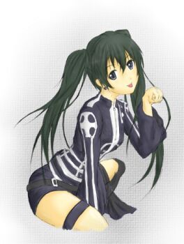 1girl belt black_boots black_eyes black_jacket black_order_uniform black_shorts black_skirt boots clenched_hand closed_mouth cross d.gray-man dotted_background earrings front_zipper gradient_background green_hair grey_background hair_between_eyes hand_up jacket jewelry leaning_forward lenalee_lee light_smile long_hair long_sleeves looking_at_viewer lowres mikuruya miniskirt shorts sidelocks sitting skirt solo striped_clothes striped_jacket stud_earrings thigh_strap thighs tongue tongue_out twintails vertical-striped_clothes vertical-striped_jacket white_background zipper