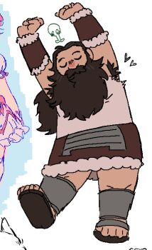 1boy armpit_hair armpits bara beard beard_over_mouth closed_eyes dungeon_meshi dwarf facial_hair full_body heart highres long_beard male_focus mustache seagiri senshi_(dungeon_meshi) solo stretching thick_mustache u_u very_long_beard