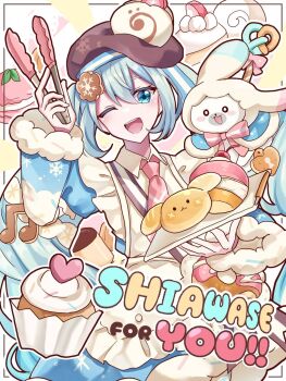 Rule 34 | 1girl, apron, aqua eyes, aqua hair, beret, blush, brown hat, character-themed food, commentary request, cookie hair ornament, detached sleeves, food-themed hair ornament, frilled apron, frills, fur-trimmed sleeves, fur trim, hair between eyes, hair ornament, hat, hatsune miku, highres, holding, holding tongs, holding tray, long hair, looking at viewer, necktie, noibara noy, official alternate costume, official alternate hairstyle, one eye closed, open mouth, pink necktie, puffy short sleeves, puffy sleeves, rabbit yukine, short sleeves, smile, tongs, tray, twintails, very long hair, vocaloid, white apron, wide sleeves, yuki miku, yuki miku (2026)