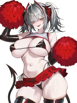1girl absurdres ahoge alternate_costume alternate_hairstyle antenna_hair arknights bikini bikini_under_clothes black_bikini black_gloves black_thighhighs breasts cheerleader cleavage commentary cowboy_shot crop_top demon_horns demon_tail elbow_gloves fangs gloves grey_hair highres holding holding_pom_poms horns large_breasts looking_at_viewer medium_hair microskirt navel open_mouth orange_eyes pleated_skirt pom_pom_(cheerleading) pom_poms red_hair red_horns red_skirt side-tie_bikini_bottom simple_background skindentation skirt slit_pupils smile standing string_bikini swimsuit tail thighhighs tsurime twintails vxdrq w_(arknights) white_background