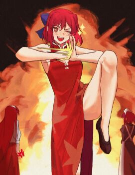 Rule 34 | 3girls, absurdres, alternate costume, anger vein, bright pupils, china dress, chinese clothes, commentary, dress, english commentary, ezekquel, highres, hisui (tsukihime), kohaku (tsukihime), leg lift, multiple girls, official alternate hair color, one eye closed, palm-fist greeting, red dress, red hair, smile, sparkle, standing, teeth, tohno akiha, tsukihime, upper teeth only, white pupils, yellow eyes