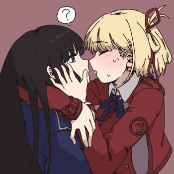 2girls black_hair blonde_hair blue_dress blue_ribbon closed_eyes commentary_request daimyo0208 dress hair_ribbon heart highres inoue_takina long_hair lycoris_recoil lycoris_uniform multiple_girls neck_ribbon nishikigi_chisato open_mouth red_background red_dress red_ribbon ribbon short_hair simple_background spoken_heart tongue tongue_out yuri