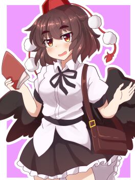 1girl absurdres bag black_ribbon black_wings blush breasts brown_bag brown_hair collared_shirt commentary_request frilled_skirt frills hat highres holding holding_notebook looking_at_viewer neck_ribbon notebook open_mouth outline pink_background red_eyes red_hat ribbon schinfaxi1996 shameimaru_aya shirt short_sleeves shoulder_bag skirt smile solo tokin_hat touhou white_outline white_shirt wings