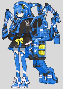 1girl black_dress blue_hair blue_hat blue_neckwear blue_shoes blush book dress eyes_visible_through_hair full_body grey_background hair_between_eyes hat highres holding holding_book long_sleeves machine machinery muzinneki original shoes short_hair simple_background sleeves_past_wrists solo standing thighhighs