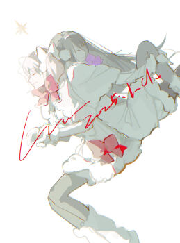 2girls absurdres akemi_homura alternate_costume back-to-back black_hair black_pantyhose boots bow bowtie capelet chinese_commentary cloak closed_eyes commentary_request commission dress dress_bow dutch_angle earmuffs feet_out_of_frame frilled_bowtie fur-trimmed_boots fur-trimmed_cloak fur-trimmed_dress fur_trim gloves hair_bow happy hexagram highres hugging_own_leg kaname_madoka knee_up long_hair mahou_shoujo_madoka_magica mahou_shoujo_madoka_magica_(anime) multiple_girls pantyhose parted_lips pink_hair purple_bow purple_bowtie red_bow red_bowtie short_dress short_hair short_twintails sijimao simple_background smile straight_hair twintails very_long_hair watermark white_background white_boots white_bow white_capelet white_dress white_gloves winter_clothes