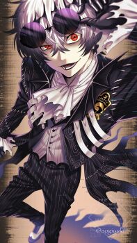 1boy absurdres aogiyuki formal_clothes highres jacket long_sleeves looking_at_viewer male_focus pinstripe_pattern pinstripe_suit round_eyewear short_hair skully_j._graves smile solo suit sunglasses the_nightmare_before_christmas twisted_wonderland white_hair