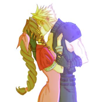 1boy 1girl aerith_gainsborough armor bangle belt black_gloves black_pants black_shirt blonde_hair bracelet braid braided_ponytail breasts brown_hair cloud_strife commentary couple cropped_jacket dress english_commentary final_fantasy final_fantasy_vii gloves hair_ribbon hand_in_another's_hair hand_on_another's_chest hetero highres holding_another's_wrist jacket jewelry kiss light_blush long_hair macyy707 medium_breasts pants parted_bangs pauldrons pink_dress pink_ribbon puffy_short_sleeves puffy_sleeves red_jacket ribbon shirt short_hair short_sleeves shoulder_armor sidelocks single_bare_shoulder single_braid single_pauldron sleeveless sleeveless_turtleneck spiked_hair turtleneck upper_body white_background