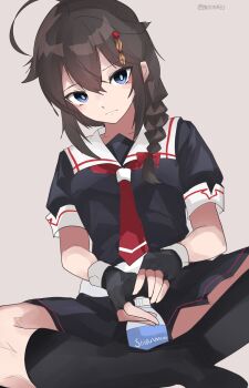 1girl ahoge black_hair black_serafuku black_shirt black_skirt black_socks blue_eyes bottle braid commentary_request fingerless_gloves gloves grey_background hair_flaps hair_over_shoulder highres indian_style kantai_collection long_hair looking_at_viewer miron_(mirona33) neckerchief pleated_skirt red_neckerchief sailor_collar sailor_shirt school_uniform serafuku shigure_(kancolle) shigure_kai_ni_(kancolle) shirt simple_background single_braid sitting skirt socks solo white_sailor_collar