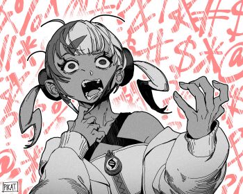 1girl absurdres bandeau bare_shoulders breasts canari_(pokemon) censored censored_text collarbone highres jacket looking_at_viewer mask mask_pull mega_stone monochrome mouth_mask nintendo open_clothes open_jacket open_mouth pikat pokemon pokemon_legends:_z-a solo sports_bra spot_color teeth twintails upper_body