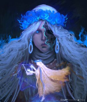 1girl absurdres aura barefoot black_background blue_eyes braid closed_mouth cracked_skin deviantart_logo doll_joints elden_ring elden_ring_nightreign from_side full_body head_wreath highres holding holding_instrument instrument jewelry joints long_hair low_twin_braids lyre multiple_views music playing_instrument revenant_(elden_ring) signature skeleton skirt skull solo spirit thefearmaster twin_braids twitter_logo veil white_background white_hair white_veil wide_sleeves