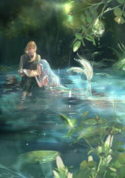 2girls arare999 blue_hair book brown_hair character_request check_commentary chiaroscuro commentary_request copyright_request dress dripping faux_traditional_media highres lake lily_pad mermaid monster_girl multiple_girls partially_submerged reading_together topless_female