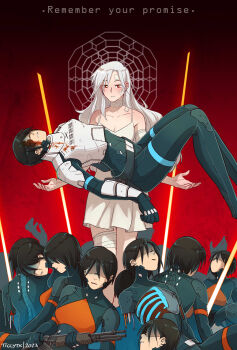 6+girls amputee android ariane_yeong artist_name black_hair blood_from_forehead blood blood_on_clothes bone dated elster_(signalis) english_text gun highres long_hair multiple_girls no_eyes ribs short_hair shotgun signalis ticcy weapon white_hair