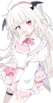 Rule 34 | + +, 1girl, :d, absurdres, blush, bow, bowtie, commentary request, commission, cowboy shot, dot nose, fang, frilled skirt, frills, grey hair, hand up, hat, head wings, highres, long hair, long sleeves, looking at viewer, open mouth, original, pink bow, pink bowtie, pink eyes, pink skirt, pleated skirt, shirt, simple background, skeb commission, skin fang, skirt, smile, solo, striped bow, striped bowtie, striped clothes, thigh strap, urotsuki (ku9625), white background, white hat, white shirt, wings