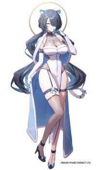 1girl absurdres animal_ears black_hair black_shoes blue_bow blue_cape blue_eyes blue_hair bow breasts cape closed_mouth commentary copyright_notice dress elbow_gloves english_commentary erina_makina fur-trimmed_cape fur_trim garter_straps gloves hair_ornament hair_over_one_eye halo high_heels highres long_hair mechanical_arms multicolored_hair pelvic_curtain phase_connect see-through_cleavage see-through_clothes shoes single_garter_strap single_mechanical_arm single_thighhigh smile solo streaked_hair tail tail_bow tail_ornament taiyaki12 thighhighs tiger_ears tiger_girl virtual_youtuber white_background white_dress white_gloves