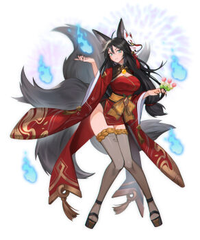 Rule 34 | 1girl, ahoge, animal ear fluff, animal ears, black hair, black nails, black sandals, blue fire, breasts, cleavage, commentary, dango, fingernails, fire, food, fox ears, fox girl, fox mask, fox tail, full body, gem, gold trim, green eyes, grey tail, grey thighhighs, hair between eyes, highres, hitodama, holding, holding food, japanese clothes, kimono, kitsune, large breasts, long hair, long sleeves, looking at viewer, mask, mask on head, mito (pixiv crdd8873), multiple tails, nail polish, obi, okobo, original, parted lips, platform sandals, red kimono, sandals, sash, sharp fingernails, short kimono, solo, tail, tassel, thighhighs, wagashi, white background, wide sleeves, yellow gemstone, yellow sash