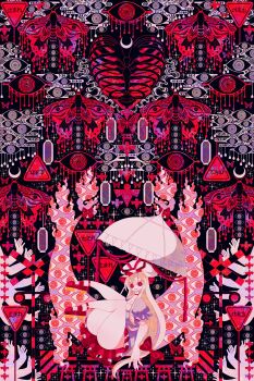 1girl absurdres bare_legs blonde_hair boku_(isizakitakasi) bow breasts bright_pupils bug butterfly cleavage commentary_request crescent_moon disembodied_eye dress gap_(touhou) hair_bow hat hat_ribbon highres holding holding_umbrella insect legs_up long_hair long_sleeves looking_at_viewer mob_cap moon no_nose open_mouth parasol puffy_long_sleeves puffy_sleeves purple_dress red_bow red_eyes red_nails red_ribbon red_shoes red_theme ribbon ribs shoes smile solo touhou umbrella very_long_hair white_hat white_pupils white_umbrella yakumo_yukari