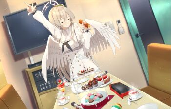 1girl arm_up black_bow black_neckerchief blue_archive blurry blurry_background blush bow braid brown_hair buttons cake cake_slice capelet closed_eyes closed_mouth commentary_request cowboy_shot crown_braid cup double-breasted double-parted_bangs dress dutch_angle facing_viewer feathered_wings flower food hair_between_eyes hair_flower hair_ornament halo hand_up highres holding holding_food holy-san_(makuu) index_finger_raised indoors karaoke long_hair long_sleeves macaron microphone nagisa_(blue_archive) neckerchief parfait pink_flower pink_halo puffy_long_sleeves puffy_sleeves school_uniform sidelocks sleeve_bow smile solo split_mouth steam straight_hair sweets swiss_roll table tea teacup trinity_general_school_logo variant_set very_long_hair white_capelet white_dress white_flower white_wings wings