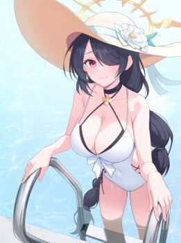 1girl absurdres bare_arms bare_shoulders bikini black_bikini black_choker black_hair blue_archive braid breasts brown_hat choker cleavage closed_mouth clothing_cutout commission covered_navel criss-cross_halter flower hair_over_one_eye halo halterneck hat hat_flower highres hinata_(blue_archive) hinata_(swimsuit)_(blue_archive) large_breasts long_hair looking_at_viewer official_alternate_costume one-piece_swimsuit pool_ladder red_eyes side_cutout single_braid smile solo spaghetti_strap string_bikini sun_hat swimsuit thighs very_long_hair white_one-piece_swimsuit ysoa26