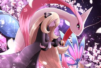 Rule 34 | 1girl, blonde hair, breasts, cherry blossoms, closed mouth, coat, commentary request, cynthia (pokemon), from side, fur-trimmed coat, fur trim, gen 3 pokemon, grey eyes, hair ornament, holding, holding poke ball, long hair, long sleeves, luxury ball, maiko (mimi), milotic, nintendo, poke ball, pokemon, pokemon (creature), pokemon dppt, revision, ripples, smile, very long hair