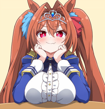 Rule 34 | 1girl, animal ears, antenna hair, bow, bowtie, breast rest, breasts, breasts on table, brown hair, center frills, closed mouth, commentary, daiwa scarlet (umamusume), doyagao, epaulettes, fang, fang out, frills, hair bow, hair intakes, hiro (pqtks113), horse ears, horse girl, large breasts, long hair, long sleeves, looking at viewer, red bow, red eyes, simple background, skin fang, smug, solo, tiara, twintails, umamusume, yellow background