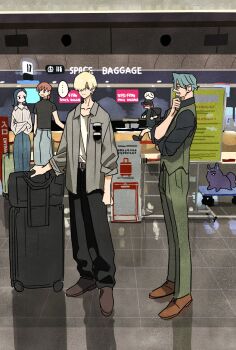 ... 2girls 3boys airport amate_yuzuriha beard black_hair blonde_hair blue_eyes brown_hair challia_bull char_aznable comoli_harcourt dog facial_hair green_eyes green_hair gundam gundam_gquuuuuux hair_over_one_eye haro highres indoors long_sleeves multiple_boys multiple_girls mustache pants red_hair rolling_suitcase shirouzu_(gundam) shirt shoes short_hair smile speech_bubble spoken_ellipsis suitcase takeuchi_ryousuke vest xavier_olivette