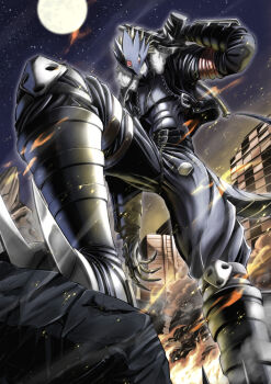 1boy bandana bandana_around_arm beelzebumon black_jacket black_pants black_shirt blonde_hair commentary_request demon_boy demon_tail digimon digimon_(creature) fire full_moon gun holding holding_gun holding_weapon jacket male_focus moon night pants red_bandana red_eyes shirt short_hair solo standing star_(sky) tail takeuchi_(rtakeuchi1535) third_eye weapon