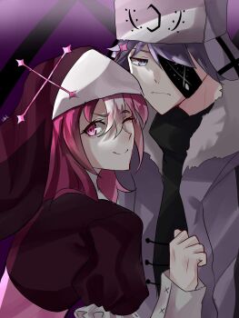 Rule 34 | 1boy, 1girl, commentary request, couple, dress, eyepatch, friday night funkin', gloves, highres, holding hands, humanization, jacket, long hair, long sleeves, luavril07, nun, one eye closed, pink hair, purple hair, ruvyzvat (friday night funkin'), sarvente (friday night funkin'), smile, tagme