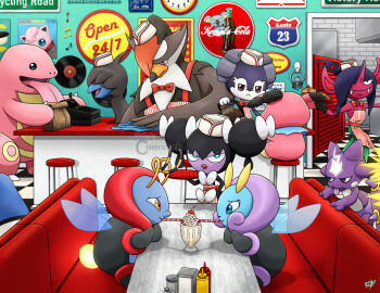 :< analog_clock antennae apron aqua_eyes artist_name bag brand_name_imitation brick_wall bright_pupils brown_bag brown_eyes burger cash_register checkered_floor cherry cleaning cleaning_rag clock closed_mouth clothed_pokemon coca-cola coffee coffee_pot commentary counter croagunk deino_(pokemon) diner doorway drinking drinking_straw drinking_straw_in_mouth english_commentary english_text fangs food french_fries fruit gen_1_pokemon gen_2_pokemon gen_3_pokemon gen_4_pokemon gen_5_pokemon gen_6_pokemon gen_7_pokemon gen_8_pokemon gothorita hair_over_one_eye hand_on_own_hip hat holding holding_coffee_pot holding_rag holding_tray illumise indeedee indeedee_(male) indoors insect_wings jigglypuff jitome ketchup_bottle key klefki komala lickitung lips long_nose looking_at_another milkshake morgrem mustard_bottle napkin_holder nintendo nostrils on_stool open_mouth paper_bag pointy_nose pokemon pokemon_(creature) pokemon_focus pouring red_eyes sign sitting smile snubbull sprinkles standing staraptor stool striped_apron striped_clothes table thecalendork tongue tongue_out toxel toxtricity toxtricity_(amped) tray vertical-striped_apron vertical-striped_clothes vinyl_record volbeat wall_clock watermark whipped_cream white_hat white_pupils wings yellow_eyes