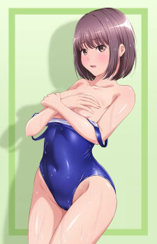 1girl akippoi_0919 blue_one-piece_swimsuit blush breasts brown_eyes brown_hair clothes_pull covered_navel covering_breasts covering_privates cowboy_shot crossed_arms green_background highres new_school_swimsuit nose_blush one-piece_swimsuit one-piece_swimsuit_pull original school_swimsuit short_hair small_breasts solo standing swimsuit wet wet_clothes wet_swimsuit