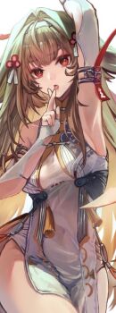 1girl animal_ear_fluff animal_ears arm_up armlet armpits bare_shoulders breasts brown_hair china_dress chinese_clothes clover clover_hair_ornament commentary_request covered_navel cowboy_shot dress droopy_ears hair_ornament hairband hinagi_kei jewelry long_hair medium_breasts open_mouth red_eyes see-through_clothes silver_armlet simple_background solo white_background white_dress white_hairband ye_shunguang zenless_zone_zero