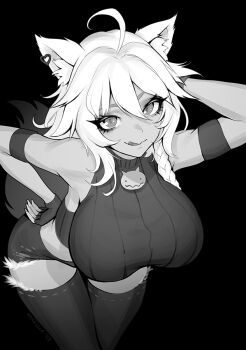 1girl :q ahoge animal_ear_fluff animal_ears arm_behind_head arm_strap artist_name bare_shoulders black_background braid brassica breasts commission crop_top earrings fingerless_gloves gloves greyscale hair_between_eyes hand_on_back heart heart_earrings highres indie_virtual_youtuber jewelry large_breasts long_hair mokarui_(vtuber) monochrome ribbed_sweater shorts sleeveless sleeveless_sweater solo sweater tail thighhighs tongue tongue_out virtual_youtuber
