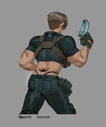 1boy adapted_costume ass back_tattoo bara biceps brown_hair crop_top cropped_legs cropped_shirt denim facing_away from_behind gun highres holding holding_gun holding_weapon jeans leather leon_s._kennedy male_focus muscular muscular_male panties pants panty_peek panty_straps resident_evil seansketches shirt short_hair solo tattoo thighs triceps underwear weapon