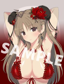 1girl armpits arms_up breast_mousepad breasts brown_eyes brown_hair bun_cover cleavage earrings flower hair_flower hair_ornament highres jewelry marvelous mousepad_(medium) necklace renka_(senran_kagura) sample_watermark senran_kagura swimsuit watermark yaegashi_nan