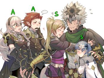 Rule 34 | 2boys, 3girls, black hair, black hairband, closed eyes, closed mouth, commentary request, female corrin (fire emblem), female corrin (nohr noble) (fire emblem), fire emblem, fire emblem fates, hairband, highres, hug, jiuganganmaya, looking at another, male corrin (fire emblem), multicolored hair, multiple boys, multiple girls, nintendo, pointy ears, red eyes, red hair, shura (fire emblem), two-tone hair, white hair