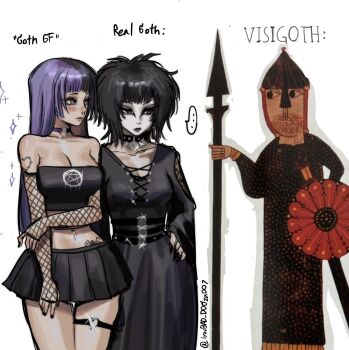 ... 1boy 2girls bad_dogz_(lnwbad_dogza007) bell_sleeves belt black_dress black_hair black_lips black_nails black_skirt black_tank_top breasts choker cleavage cleavage_cutout clothing_cutout crop_top dress english_text fingerless_gloves fingernails fishnet_gloves fishnets glint gloves goth_fashion hand_on_own_hip heart heart_o-ring highres lipstick long_dress long_hair makeup meme messy_hair midriff miniskirt mossacannibalis multiple_girls nail_polish navel nerd_emoji o-ring o-ring_thigh_strap original pleated_skirt purple_choker purple_hair red_eyes sharp_fingernails short_hair skirt sparkle standing tank_top tattoo thigh_strap trad_goth twitter_username visigoth wide_sleeves