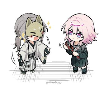 2girls alternate_hairstyle artist_name black_serafuku black_shirt black_shoes black_skirt black_socks blue_eyes blush bow bridal_gauntlets chibi chibi_only closed_mouth commentary cosplay covered_eyes crossover english_commentary eye_mask fox_mask fox_mask_(silent_hill) fox_mask_(silent_hill)_(cosplay) full_body grey_hair hair_between_eyes hakama hands_up haori holding holding_lead_pipe honkai:_star_rail honkai_(series) japanese_clothes kimono lead_pipe long_hair long_sleeves looking_at_another low_ponytail march_7th_(honkai:_star_rail) mask multicolored_eyes multiple_girls natsuki_(2917) neckerchief open_clothes open_mouth pants parody pink_hair pleated_skirt ponytail puffy_long_sleeves puffy_sleeves purple_eyes red_neckerchief sailor_collar sandals school_uniform serafuku shimizu_hinako shimizu_hinako_(cosplay) shirt shoes short_hair sidelocks silent_hill_(series) silent_hill_f simple_background skirt smile socks sparkle standing stelle_(honkai:_star_rail) trailblazer_(honkai:_star_rail) v-shaped_eyebrows white_background white_bow white_hakama white_haori white_kimono white_pants white_sandals wide_sleeves