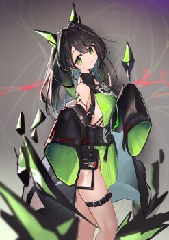 1girl absurdres andersonalac arknights black_hair blue_dress commentary dress gradient_hair green_eyes green_hair highres looking_at_viewer mon3tr_(arknights) multicolored_hair open_mouth personification skindentation sleeves_past_wrists solo thigh_strap