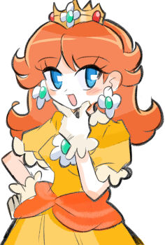 Rule 34 | 1girl, absurdres, blue eyes, brown hair, commentary request, crown, dress, earrings, flower earrings, gloves, hand on own hip, highres, jewelry, long hair, looking at viewer, mario (series), nintendo, open mouth, orange dress, princess daisy, puffy short sleeves, puffy sleeves, rakugaki shitagari-ya, short sleeves, simple background, smile, white background, white gloves
