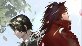 2boys back-to-back black_hair black_jacket blue_sky cloak closed_eyes closed_mouth commentary_request dappled_sunlight dirge_of_cerberus:_final_fantasy_vii dual_persona falling_leaves final_fantasy final_fantasy_vii from_side headband jacket leaf long_hair m2v009 male_focus multiple_boys necktie outdoors profile red_cloak red_eyes red_headband shirt short_hair sky smile spiked_hair sunlight turks_(ff7) upper_body vincent_valentine white_shirt wing_collar