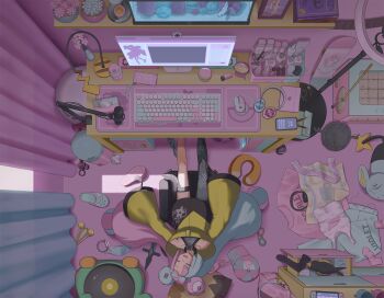 1girl bellibolt book bow-shaped_hair character_hair_ornament closed_eyes collarbone commentary computer computer_keyboard computer_mouse curtains drawer from_above gen_4_pokemon grey_shirt hair_ornament highres indoors iono_(pokemon) jacket lamp light_bulb logo lying microphone monitor multicolored_hair nintendo on_back open_mouth plant pokemon pokemon_(creature) pokemon_sv potted_plant room shadow shelf shinx shirt single_leg_pantyhose skateboard sleeping sleeveless sleeveless_shirt slice_of_life smile themed_object thigh_strap twintails two-tone_hair unworn_clothes unworn_footwear wattrel xvvstring yellow_jacket