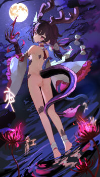1girl absurdres anus ass barefoot chinese_commentary cleft_of_venus closed_mouth commentary_request detached_sleeves dragon_girl dragon_horns dragon_tail full_body full_moon highres horns kele_mimi long_hair moon night nude original pink_eyes purple_hair pussy scales shallow_water sky slit_pupils solo star_(sky) starry_sky tail twintails uncensored variant_set water