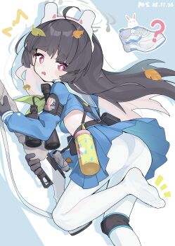 1girl ? absurdres animal_ears ass black_gloves black_hair blue_archive blue_serafuku blue_shirt blue_skirt bolt_action commentary fake_animal_ears gloves green_neckerchief grey_halo gun hairband halo headgear highres holding holding_gun holding_weapon knee_pads leaf leaf_on_head long_hair long_sleeves miyu_(blue_archive) mosin-nagant neckerchief notice_lines panties panties_under_pantyhose pantyhose rabbit_ears red_eyes rifle sailor_collar sailor_shirt school_uniform scope serafuku shirt shoes skirt sneakers soles solo toes underwear unworn_shoes weapon white_hairband white_pantyhose white_shoes yangge