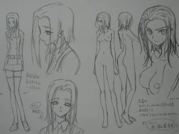 1girl ass breasts cleavage clothing_cutout code_geass completely_nude concept_art female_focus greyscale japanese_text kouzuki_kallen large_breasts monochrome multiple_views navel nipples nude official_art reference_sheet school_uniform short_hair sketch thighhighs topless_female translation_request zettai_ryouiki